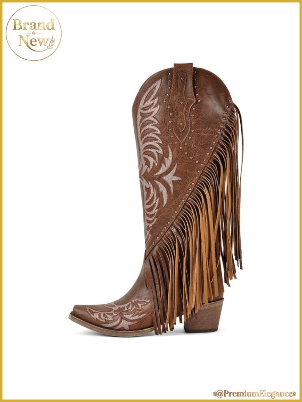 Wide Calf Knee High Leather Fringe Cowboy Boots 2 Inch Chunky Heel Side Zipper